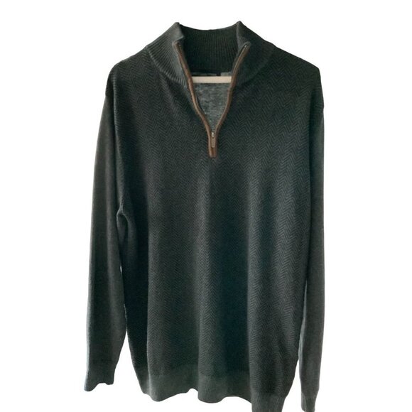 Tricots St Raphael Mens Collared LS Herringbone Charcoal Part Zip Sweater EUC M - Picture 1 of 5